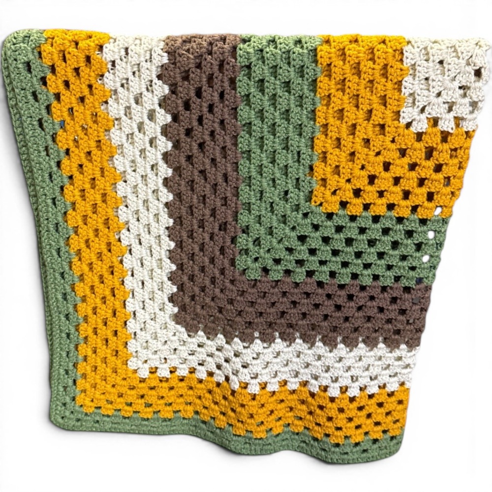 Vintage HandmadeCrochet Granny Square AfghanBlanket Retro 70s Green Yellow Brown